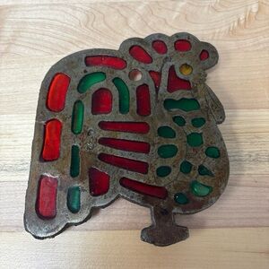 Vintage Stained Glass Cast Iron ROOSTER Kitchen TRIVET Hot Plate MCM Action